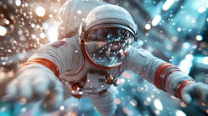 An astronaut in a high-tech space suit, floating amidst numerous stars and sparkling particles, embodies the wonder and limitless possibilities of space exploration.