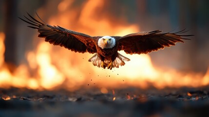 An eagle majestically flies over a flaming forest, symbolizing the raw power and determination of nature in the face of adversity, amidst the intense orange glow.