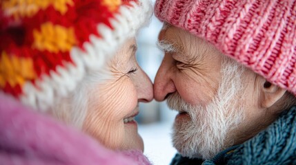 An elderly couple in bright winter hats share a tender nose-to-nose moment, enveloped in warmth and affection amidst the softly falling snow, embodying lasting love.