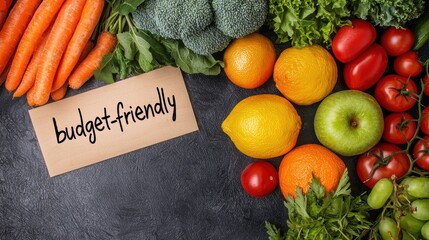 Create Budget-Friendly. Fresh vegetables and fruits arranged with a budget-friendly sign on a dark surface.