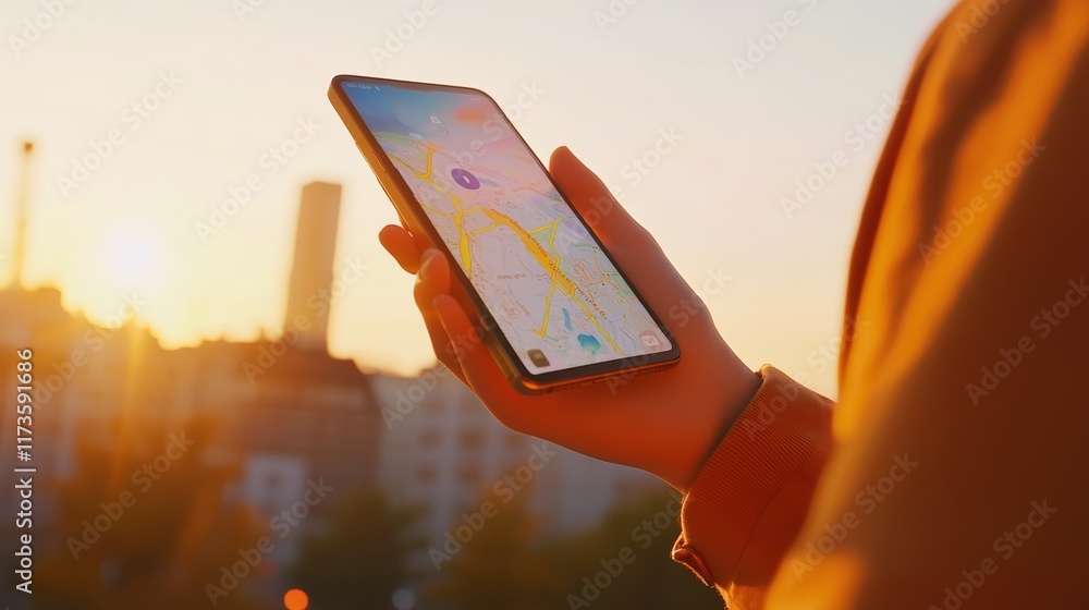 Poster Tourist is using smartphone navigation app to find route in city center at sunset, searching for location on online map, planning trip or getting directions
