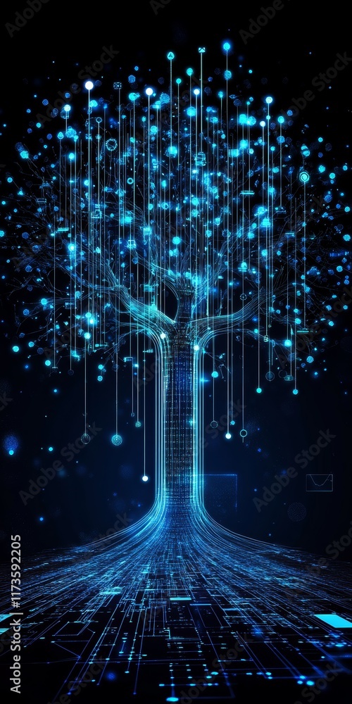 Poster digital data flow concept with tree structure illustrating information transmission and connectivity