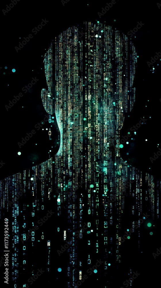 Poster dark silhouette displaying data streams with glowing binary code background in a mysterious atmosphe