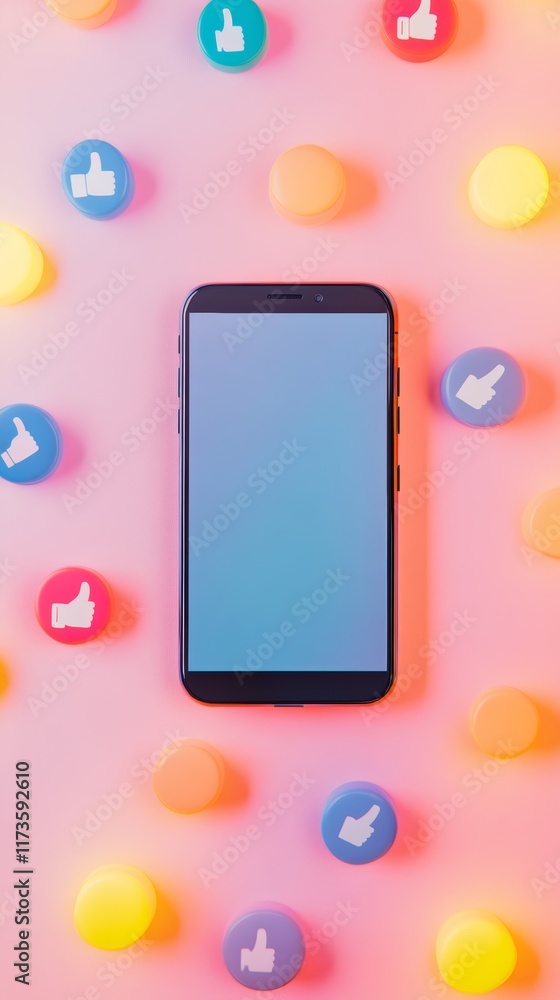 Aufkleber colorful round like icons surrounding a smartphone with blank screen placed on a pink background rep