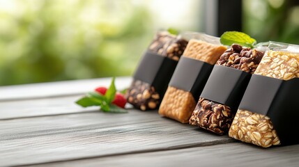 Assorted nuts and grains in eco-friendly packaging on wooden table.