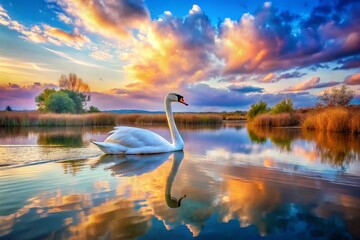 Fototapeta premium Surreal Swan in Isola Della Cona Wetland, Friuli-Venezia Giulia, Italy - Dreamlike Nature Photography
