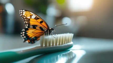 A stunning monarch butterfly perched delicately on the soft, white bristles of a toothbrush, capturing the gentle contrast between nature and everyday objects.