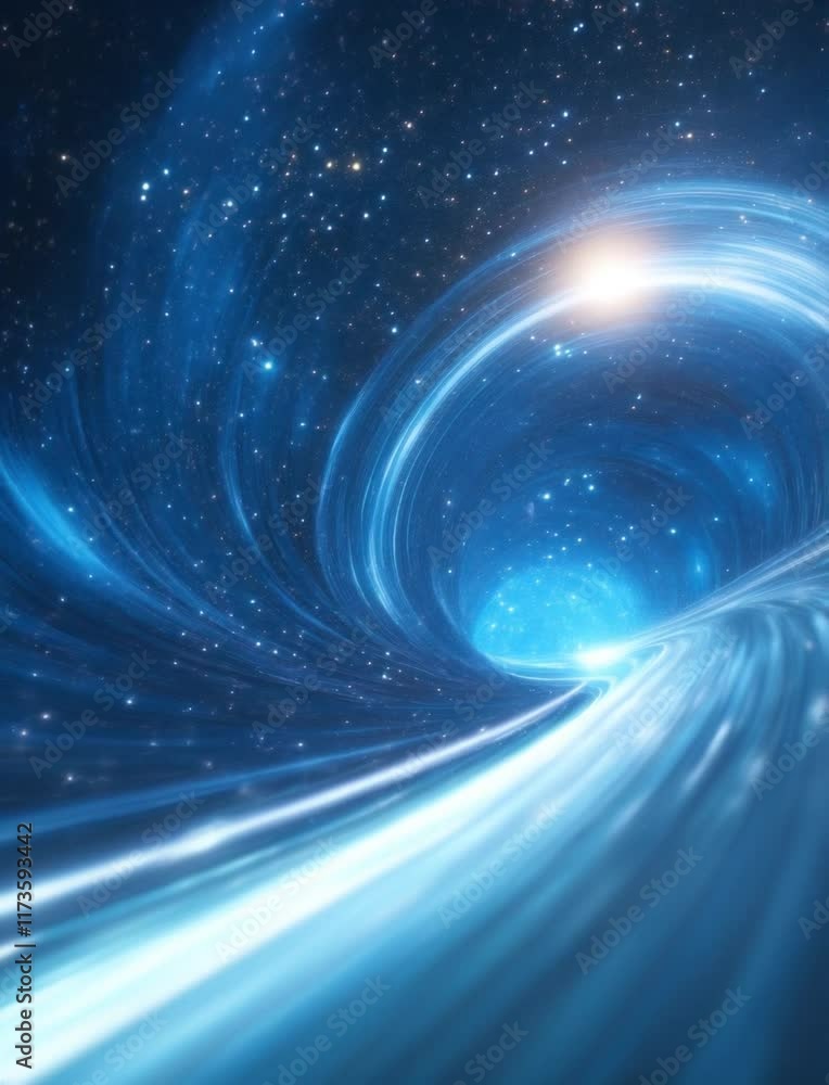 Poster vertical video of mesmerizing cosmic tunnel swirling with blue light and stars, inviting exploration
