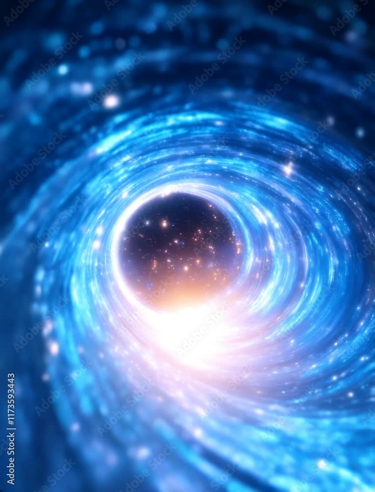 Poster vertical video of mesmerizing cosmic vortex swirling with blue light and distant stars in galaxy of 