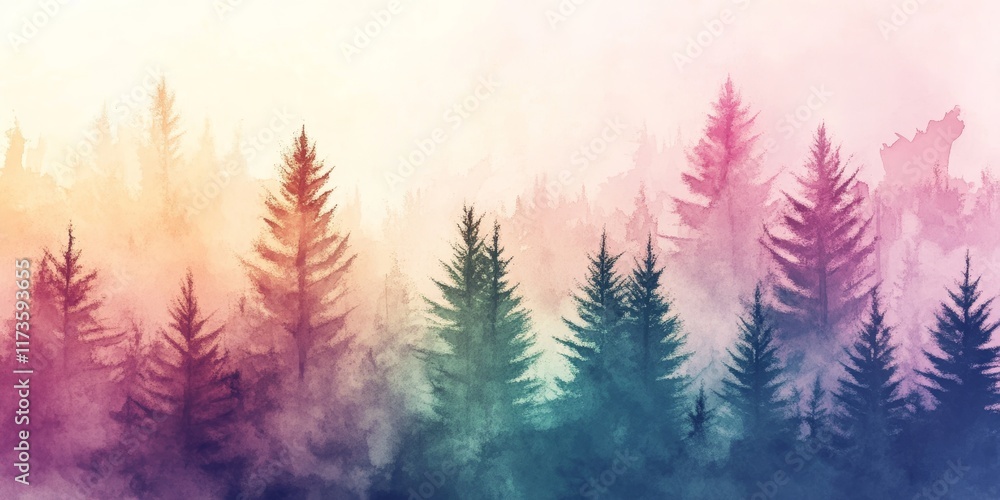 Poster a forest with trees of different colors and sizes. the trees are in a misty, hazy atmosphere