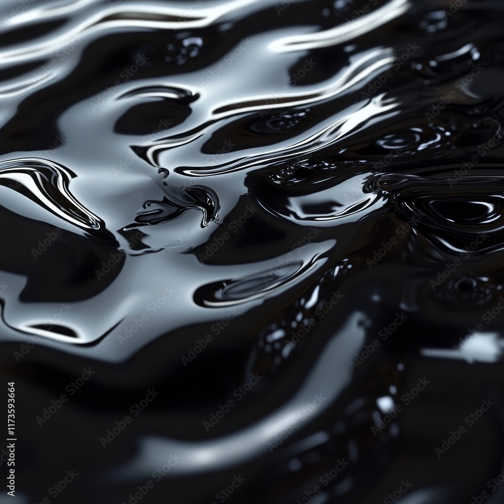 Poster close-up of a reflective liquid metal surface with abstract waves and ripples, creating a modern and