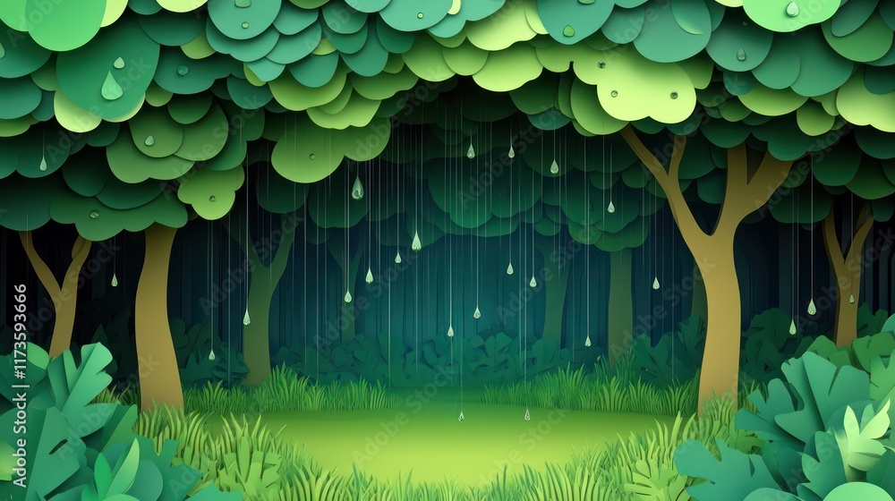 Sticker Rainy Forest: A forest scene with raindrops and mist. paper cut Art Style 3d background 