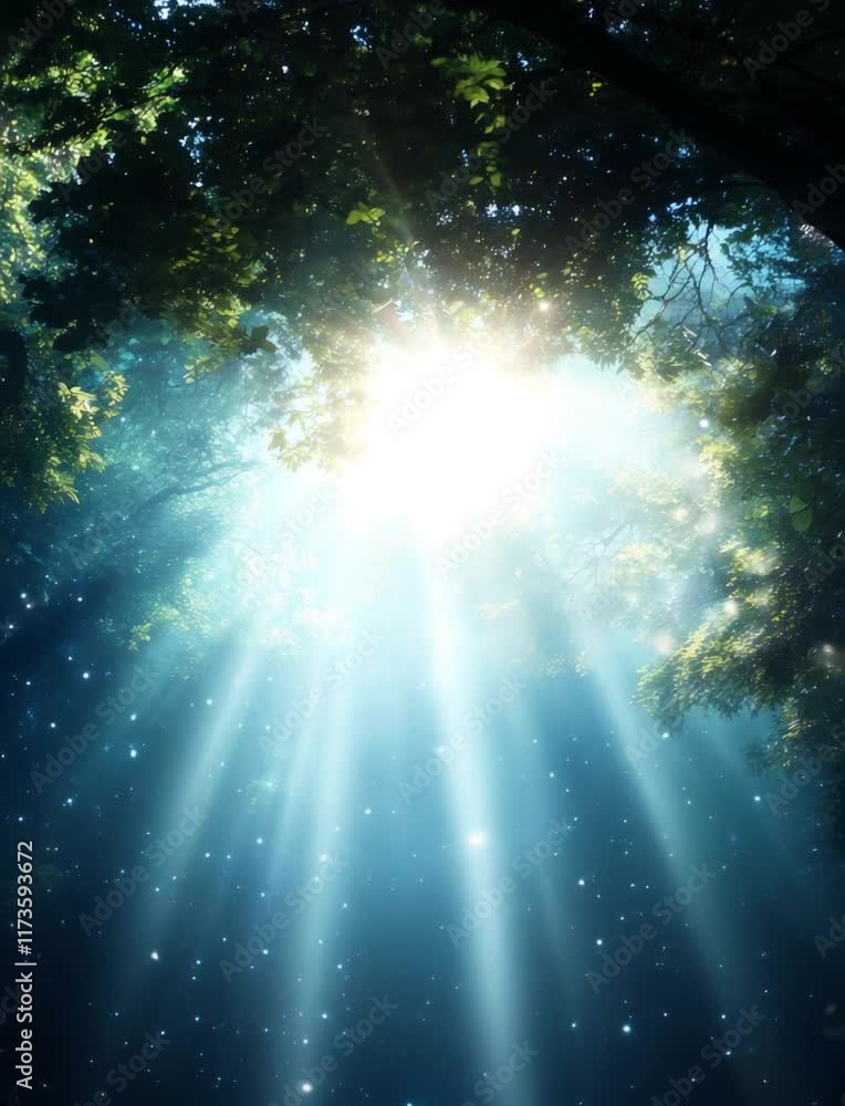 Poster vertical video of magical forest atmosphere sunlight beams through trees, illuminating natures light