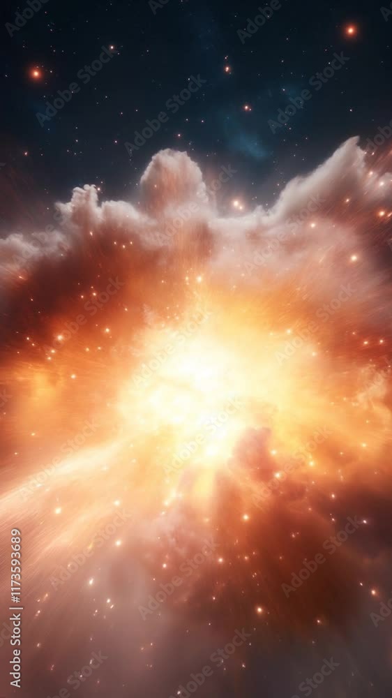 Poster vertical video of stunning cosmic explosion in vibrant orange and yellow hues, surrounded by stars a