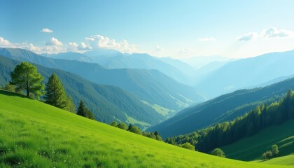 Fototapeta premium Stock photo shows a tranquil mountain landscape with rolling hills fresh green trees and clear blue skies creating a peaceful and refreshing atmosphere.