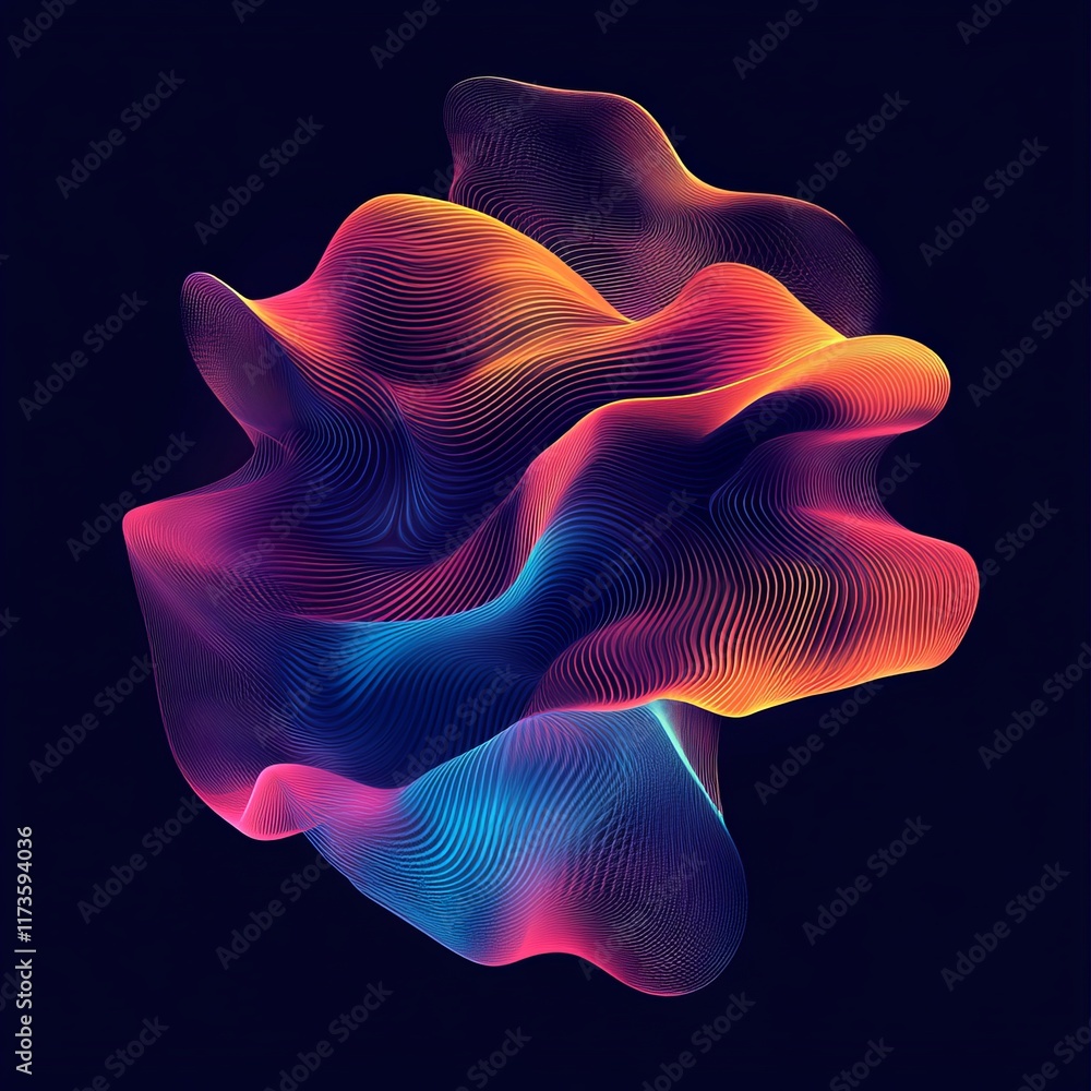 Poster a dynamic 3d abstract shape with vibrant gradient lines, showcasing modern digital art on a dark bac