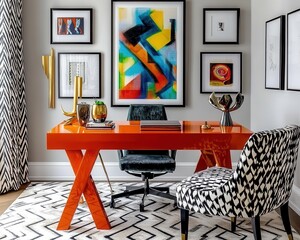 Maximalist home office with bold abstract decor