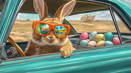 Cute brown bunny rabbit sunglasses colorful Easter eggs egg driving car trip vacation travel playful celebration spring festive holiday festival seasonal season