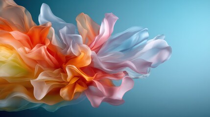 Swirling colorful translucent fabrics float gracefully in the air, creating a dynamic and whimsical scene that evokes a sense of freedom, joy, and artistic expression.