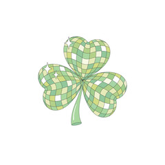 Groovy sparkling disco clover. Mirror disco ball in the shape of shamrock. Retro party 70s 80s in honor of St. Patrick's Day.