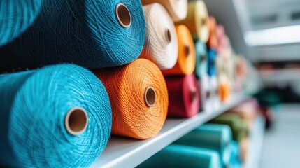 An array of colorful yarn spools neatly arranged on a shelf, showcasing vibrant hues and textures in a well-lit sewing shop environment.