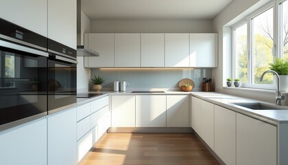 Fototapeta premium Stock photo showcases a modern kitchen with white cabinetry stainless steel appliances and a sleek design offering a fresh and functional space.