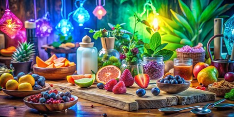 Fototapeta premium Surreal Wellness Podcast: Fresh Fruit & Wooden Desk Setup