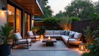 Fototapeta premium Stock photo features a contemporary outdoor patio with stylish furniture lush plants and warm ambient lighting perfect for enjoying a relaxing evening.