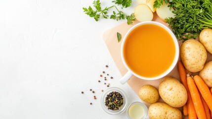Create Budget-Friendly. Warm soup with vegetables and herbs surrounded by fresh ingredients, ideal for a healthy meal.