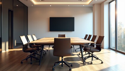 Fototapeta premium Stock photo presents a professional meeting room with a large conference table comfortable chairs and floor-to-ceiling windows creating a polished and collaborative space.