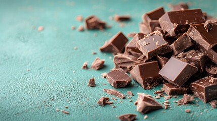 Dark chocolate chunks are scattered across a richly textured green background, offering a close-up view of their rugged form, indicative of premium savory loves.