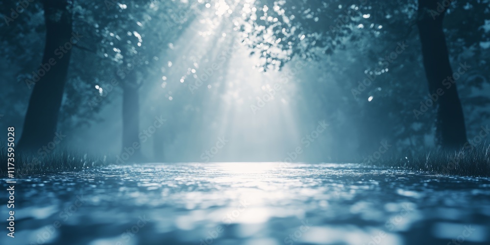 Poster experience a tranquil scene where soft light filters through trees, creating an ethereal atmosphere 