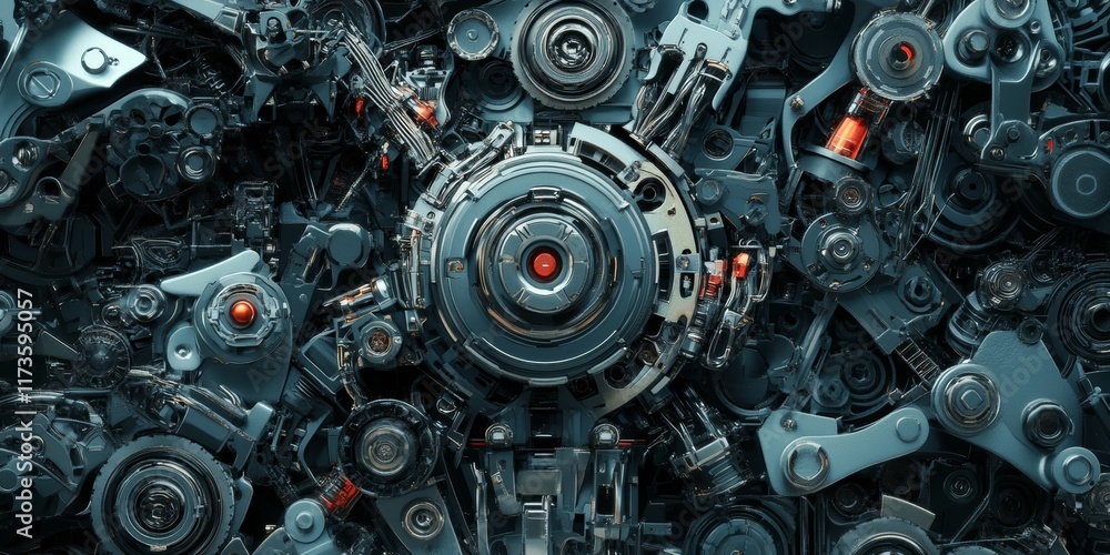 Poster close-up of detailed mechanical gears and components creating an intricate industrial machine patter