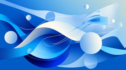 Abstract geometric dynamic shapes composition on blue background with vibrant colors and motion effects.