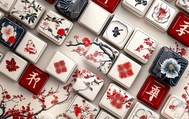 Elegant Chinese Mahjong tiles with floral patterns.