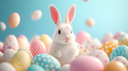 white rabbit bunny cute surprise greeting colorful Easter eggs egg pastel color pink blue decorated  floating magic magical cartoon anime, celebration spring festive holiday festival seasonal season