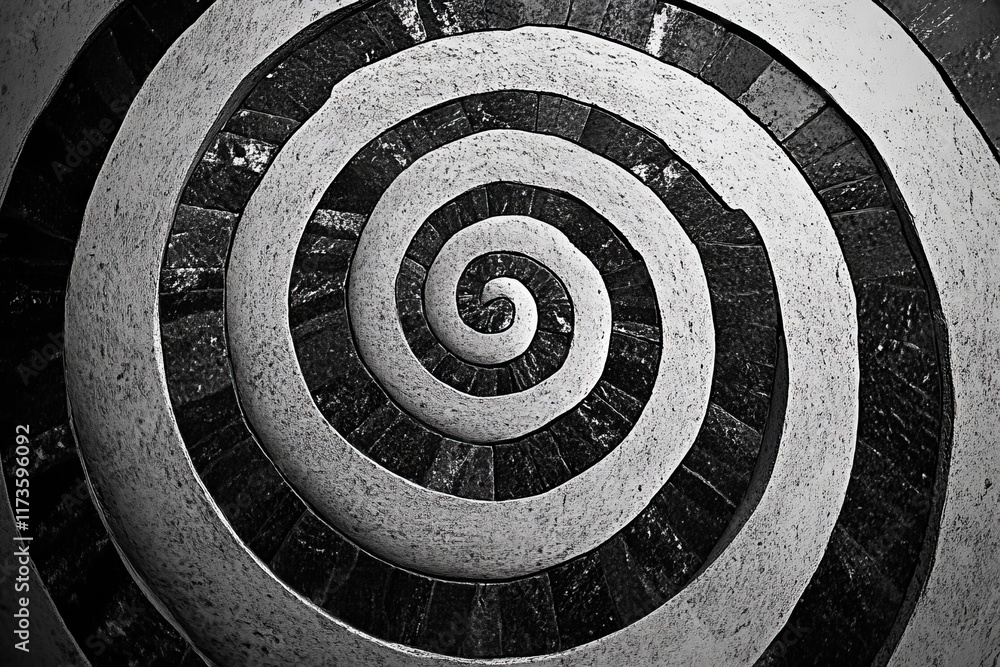 Poster stunning black and white spiral design featuring geometric patterns, showcasing intricate details of