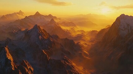 A breathtaking mountain landscape at sunrise, with golden light illuminating the peaks and valleys, inviting adventure. 8k, realistic, full ultra HD, high resolution, and cinematic photography