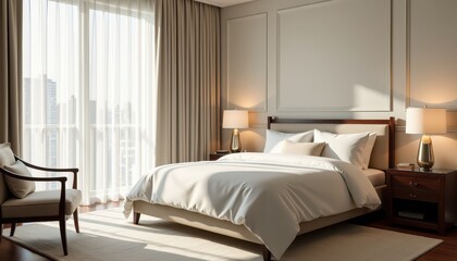 Stock photo features an elegant bedroom with soft lighting and crisp white linens creating a serene and tranquil atmosphere for restful sleep.