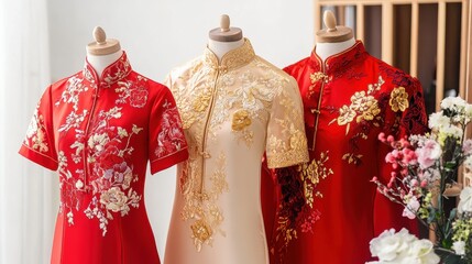 Naklejka premium Elegant Red and Gold Cheongsams with Floral Lace