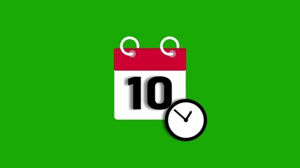 10 dates on the calendar page animation. Wall Clock timer icon 4k video.