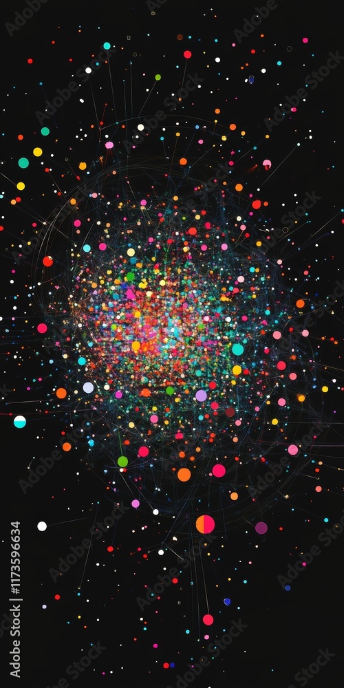 Poster explore an abstract representation of a colorful network of digital data points against a dark backg