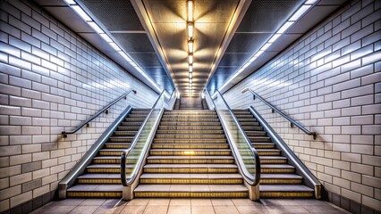 Fototapeta premium Symmetrical Underground Subway Staircase with Glowing Lights and White Tiles - Stock Photo