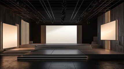 Modern Stage Design:  Empty Presentation Platform with Blank Screens and Dark Ambiance