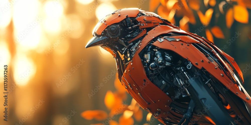Poster robot bird with a metallic body and a red head. the bird is perched on a tree branch