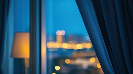 Warm lamp light and blurred cityscape at dusk through window curtains.