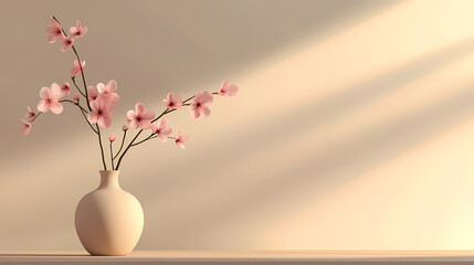 Sakura cherry blossom branch in ceramic vase on table. beige wall background. front view place for text, copy space, empty space. generative ai. Blossom. Illustration