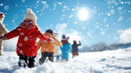A group of children in colorful clothing are playing in a snow-covered field, with snowflakes flurrying around them against a clear blue sky.