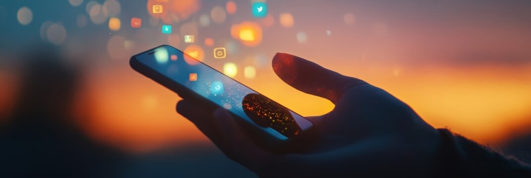 Hand using a smartphone with illuminated social media icons floating above the screen, against a vibrant sunset backdrop, symbolizing the pervasive nature of online connectivity in modern life