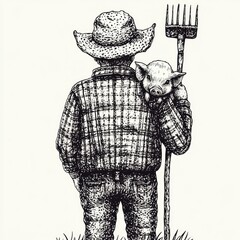Obraz premium A farmer stands with a pig and pitchfork, embodying rural life and agriculture.